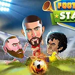 Två tecknade fotbollsspelare med stora huvuden kämpar om en eldslåda fotboll på en stadion