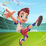En tecknad pojke sparkar en fotboll på en grön fotbollsplan med en stor stadion i bakgrunden