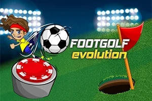 Tecknad karaktär sparkar en fotboll mot ett mål med en röd flagga på en grön gräsmatta, med texten FOOTGOLF evolution i bakgrunden