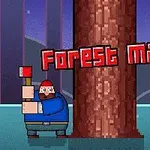Tecknad skogshuggare med yxa står bredvid ett stort träd med texten Forest Man ovanför