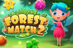 Tecknad älva med blått hår och rosa klänning står bredvid texten Forest Match 2 mot en färgglad bakgrund med blommor, blad och bär
