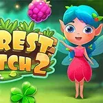 Tecknad älva med blått hår och rosa klänning står bredvid texten Forest Match 2 mot en färgglad bakgrund med blommor, blad och bär