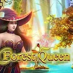En fantasifull skogsmiljö med en kvinna i en röd hatt, omgiven av träd och magiska ljuseffekter, med texten Forest Queen 2