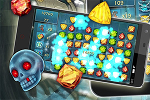 En mobilskärm visar ett spel med färgglada juveler, siffror och en blå dödskalle med röda ögon