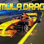 En illustration av en formelbil i röda och gula färger som kör på en väg med texten FORMULA DRAG ovanför