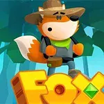 En tecknad räv i äventyrskläder står på stora bokstäver som stavar FOX mot en bakgrund av gröna träd