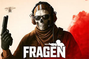 Maskerad soldat med dödskallemask och pistol framför röd rök, med texten FRÅGEN
