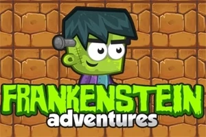 Tecknad Frankenstein-karaktär med grönt ansikte och svart hår, framför en brun tegelbakgrund med texten Frankenstein adventures