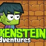 Tecknad Frankenstein-karaktär med grönt ansikte och svart hår, framför en brun tegelbakgrund med texten Frankenstein adventures