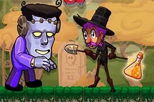 En tecknad bild med en figur med lila ansikte och Frankenstein-liknande drag som möter en annan figur med lila hatt och mustasch, hållande en spade och ett gult elixir, i en skogsmiljö med gravstenar i bakgrunden