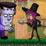 En tecknad bild med en figur med lila ansikte och Frankenstein-liknande drag som möter en annan figur med lila hatt och mustasch, hållande en spade och ett gult elixir, i en skogsmiljö med gravstenar i bakgrunden