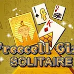 Guld- och spelkort med egyptiskt tema och texten Freecell Giza Solitaire