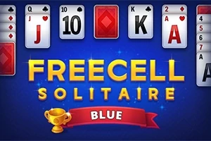 Kort med spelkort och texten Freecell Solitaire Blue på blå bakgrund med gyllene pokal