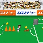 Tecknad fotbollsplan med två spelare, koner, stjärnor och ett mål vid publiken