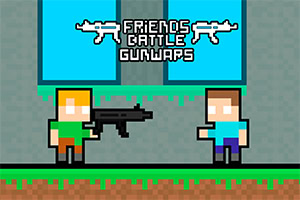 Två pixelerade figurer står på gräs medan den ena håller ett svart gevär, med texten Friends Battle Gunwars ovanför