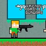 Två pixelerade figurer står på gräs medan den ena håller ett svart gevär, med texten Friends Battle Gunwars ovanför