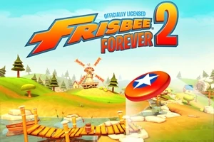 Tecknad landskap med grönskande kullar, en kvarn i fjärran och ett frisbee med stjärna i förgrunden