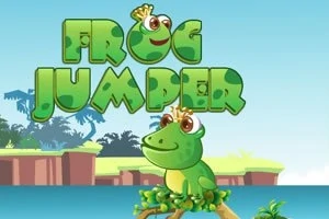 Tecknad bild av en glad groda med en krona som sitter på en trädstam, med texten Frog Jumper i grönt ovanför