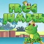 Tecknad bild av en glad groda med en krona som sitter på en trädstam, med texten Frog Jumper i grönt ovanför