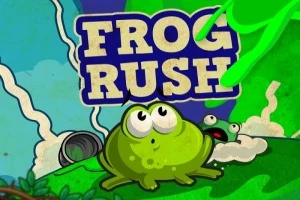 Tecknad groda med stora ögon på grön bakgrund och texten Frog Rush