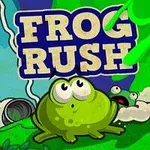 Tecknad groda med stora ögon på grön bakgrund och texten Frog Rush