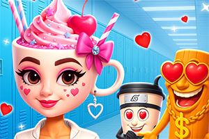 Kopp med kvinnligt ansikte och rosa grädde, med en glad emoji och kaffemugg i bakgrunden, mot en blå korridor