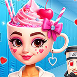 Kopp med kvinnligt ansikte och rosa grädde, med en glad emoji och kaffemugg i bakgrunden, mot en blå korridor