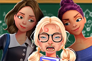 Tre tecknade tonårsflickor i ett klassrum, med en blond flicka i glasögon och tandställning i förgrunden