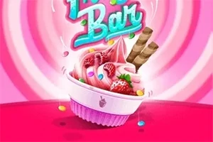 En skål med rosa glass dekorerad med jordgubbar, hallon, strössel och chokladpinnar på en rosa spiralbakgrund