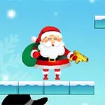 Tomte i traditionell röd dräkt med säck och pistol står på en snötäckt plattform med en vintrig bakgrund