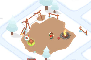 En vinterlig scen med en tecknad figur vid en lägereld omgiven av snötäckta träd och en gunga