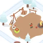 En vinterlig scen med en tecknad figur vid en lägereld omgiven av snötäckta träd och en gunga