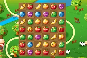 En spelbräda fylld med tecknade frukter och grönsaker i olika färger och uttryck mot en lantlig bakgrund