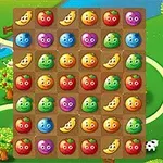 En spelbräda fylld med tecknade frukter och grönsaker i olika färger och uttryck mot en lantlig bakgrund