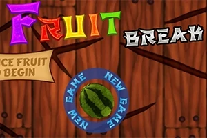 Färgglad text Fruit Break på en träbakgrund med en skiva vattenmelon och cirkeln New Game
