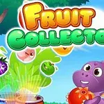 Animerad lila dinosaurie med frukt, färgglada bokstäver och frukter mot blå himmel