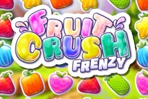 Färgglad text med orden Fruit Crush Frenzy omgiven av olika frukter i bakgrunden