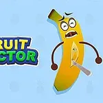 Tecknad banan med ansikte och armar håller en skalpell, bredvid texten Fruit Doctor på en blå bakgrund