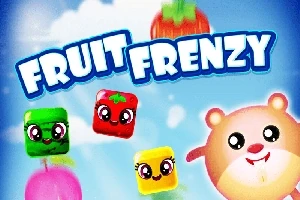 Tecknade frukter och en glad hamster på en blå himmel med texten Fruit Frenzy