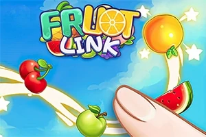 Färgglada frukter och en fingertopp mot en blå himmel med texten FRUIT Link i bakgrunden