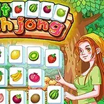 Tecknad bild med en ung kvinna i en fruktträdgård, omgiven av brickor med olika fruktsymboler