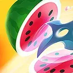 En shuriken skär genom en vattenmelon som är skuren i två halvor mot en gul bakgrund