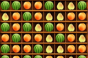 Vattenmeloner, persikor och päron arrangerade i ett rutnät