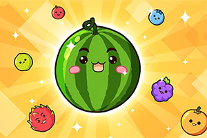 Tecknade leende frukter, inklusive en vattenmelon i mitten och andra mindre frukter runt omkring på en gul bakgrund