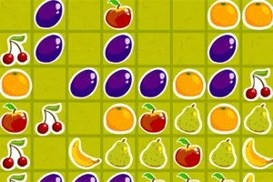 Frukter som körsbär, plommon, apelsiner, päron, äpplen och bananer är placerade i ett rutnät på en grön bakgrund