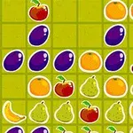 Frukter som körsbär, plommon, apelsiner, päron, äpplen och bananer är placerade i ett rutnät på en grön bakgrund