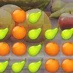 Ljusa, tecknade ikoner av apelsiner och päron överlappar ett foto av riktiga frukter inklusive äpplen och citroner