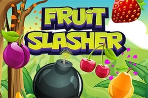 Tecknad bild med färgglada frukter, en bomb, och texten FRUIT SLASHER mot en grönskande bakgrund