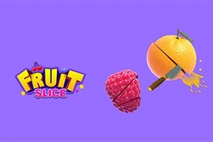 En lila bakgrund med en delad apelsin och hallon bredvid en kniv samt texten Fruit Slice i färgglada bokstäver