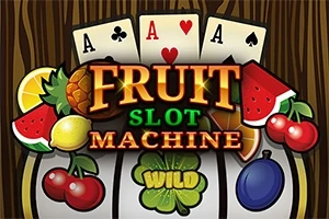 Kort med ess och fruktsymboler som apelsiner, vattenmelon och körsbär tillsammans med texten Fruit Slot Machine och en fyrklöver märkt Wild
